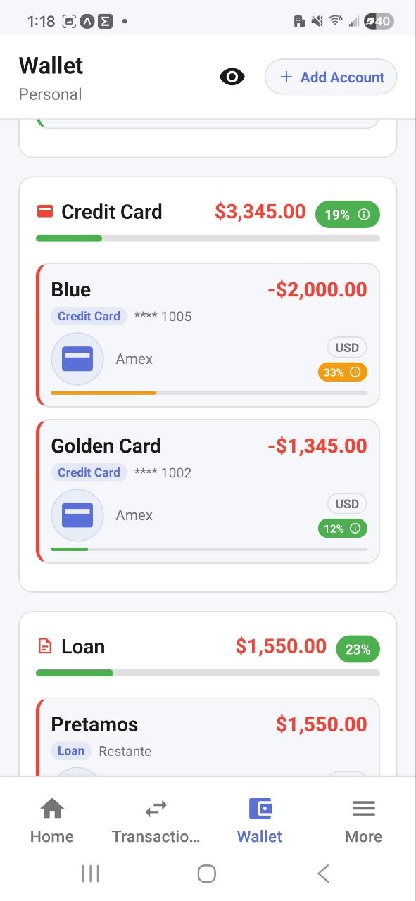 Wallet accounts credit cards and loans