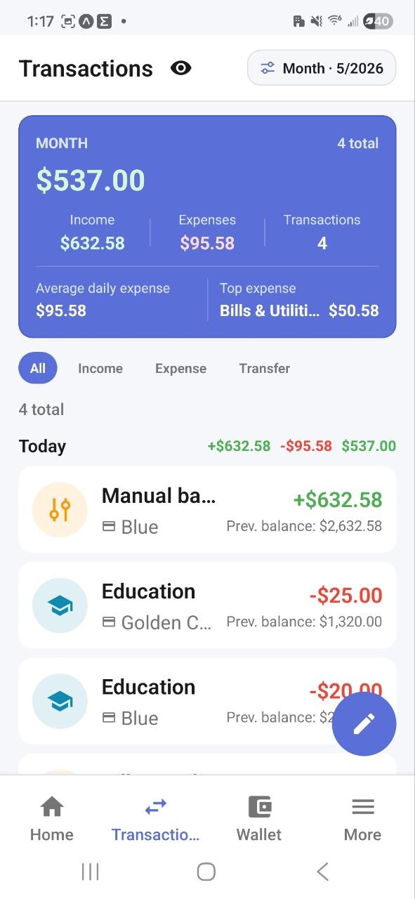 Transactions list and filters