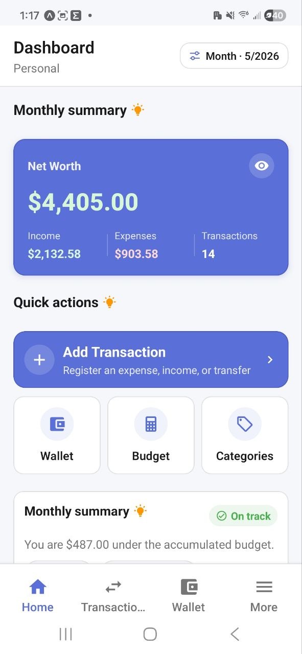 Dashboard home net worth and quick actions