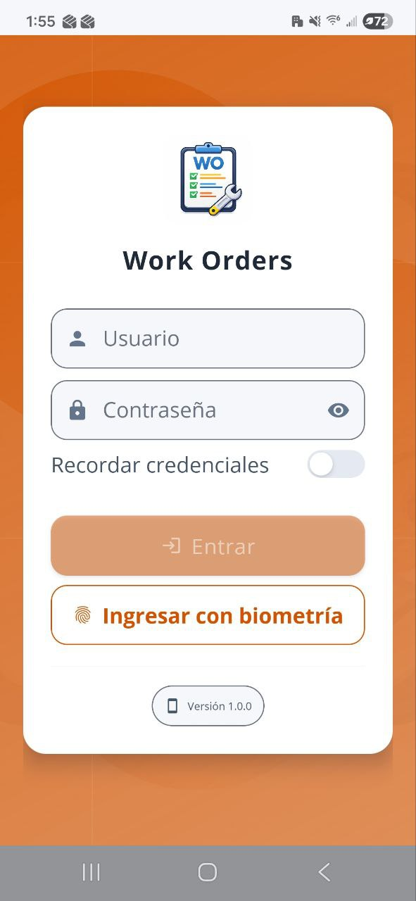 Pantalla de acceso WorkOrders