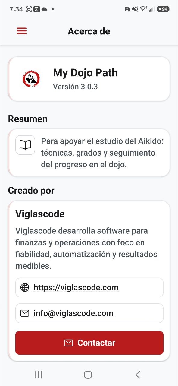 MyDojoPath: acerca de la app, versión y contacto Viglascode