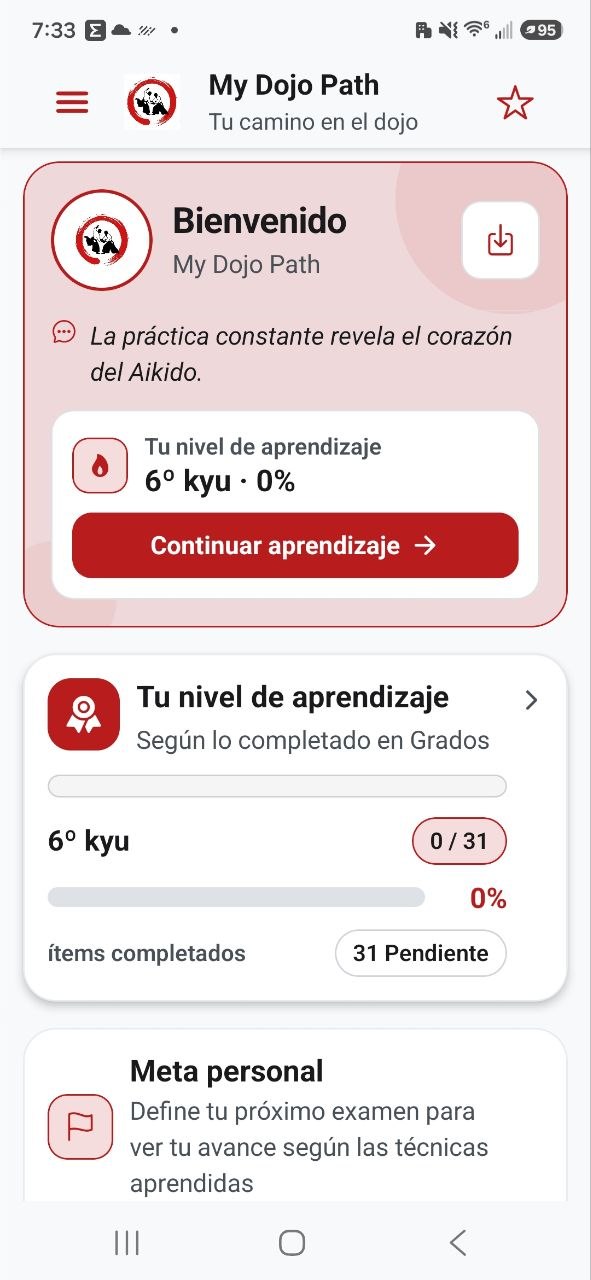 MyDojoPath: inicio con bienvenida, nivel actual y meta personal